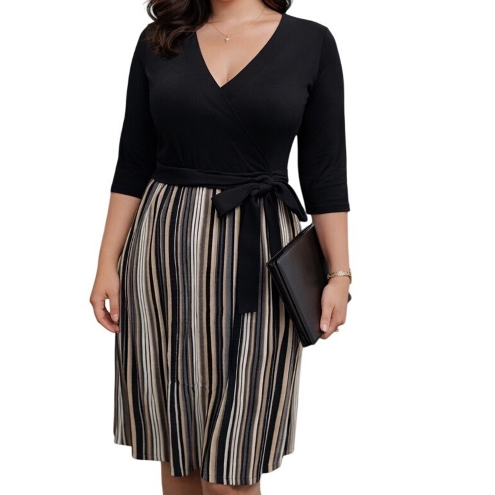 Studio I Black Faux Wrap Dress Tie Waist Striped Skirt Career Office Small NWT